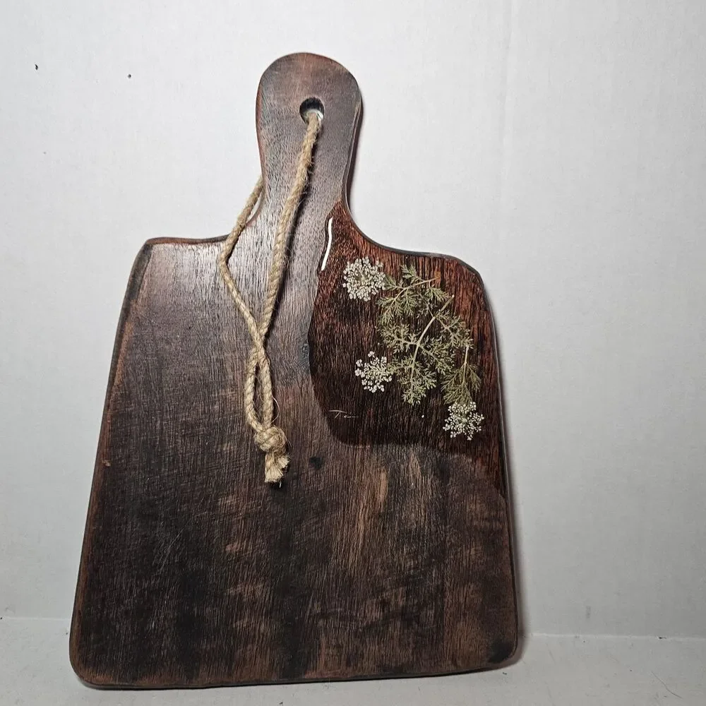 Small, Dark Mango Wood Charcuterie or Serving Board Resin White Flowers Wall Art